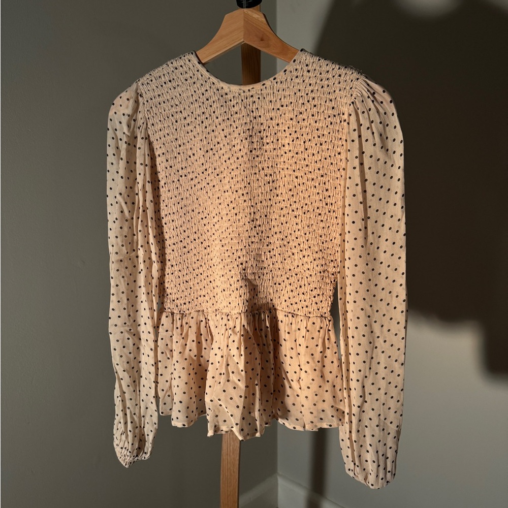 Ganni polka dot peplum ruched blouse